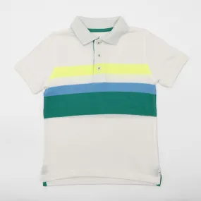 Mini Boden Boys Polo Shirt White Neon Stripe Cotton Short Sleeve Tops