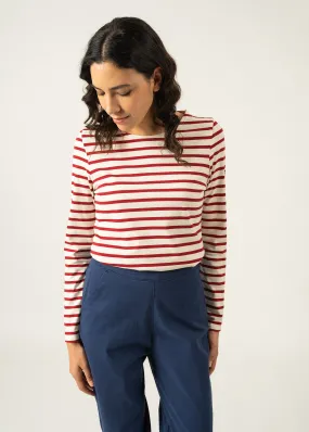 MINQUIDAME - Breton Striped Shirt with Long Sleeve | Soft Cotton | Women Fit (ECRU / MAROON)