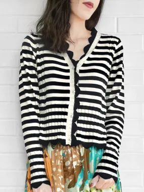 Mono Stripe Scalloped Cashmere & Wool Cropped Cardigan