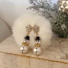 Pearl Bead Snowman Dangle Earrings