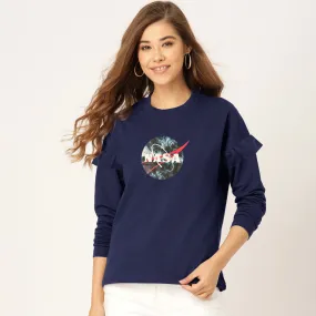 Polo Republica Women's Frill Shoulder Nasa Printed Fleece Sweatshirt