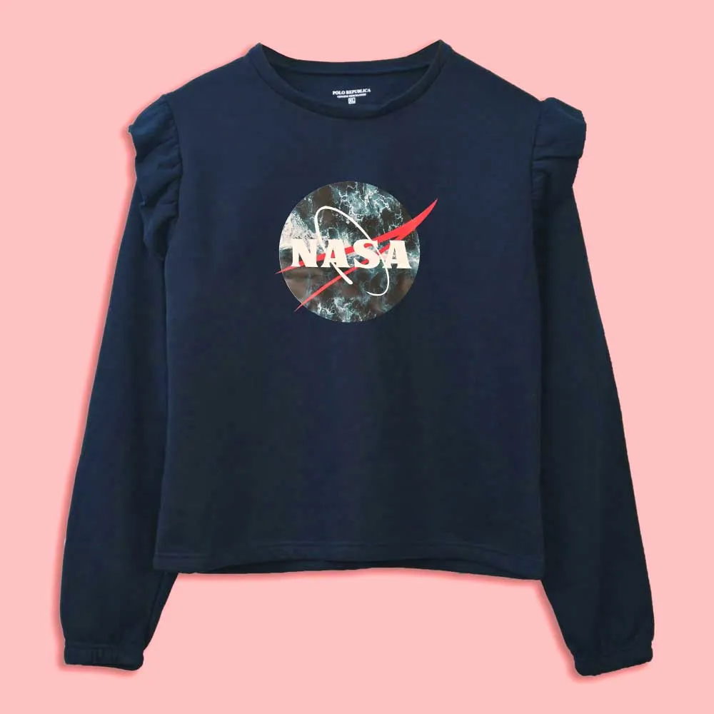 Polo Republica Women's Frill Shoulder Nasa Printed Fleece Sweatshirt