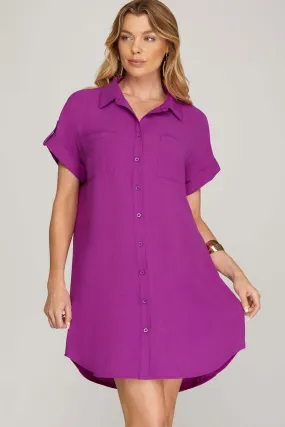 Sky Woven Shirt Dress with Pockets Bright Magenta