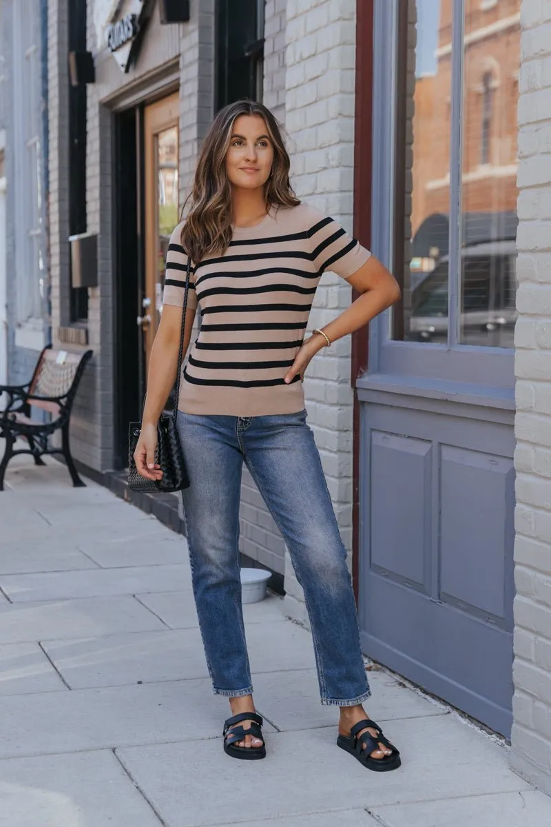 Tan Striped Short Sleeve Sweater