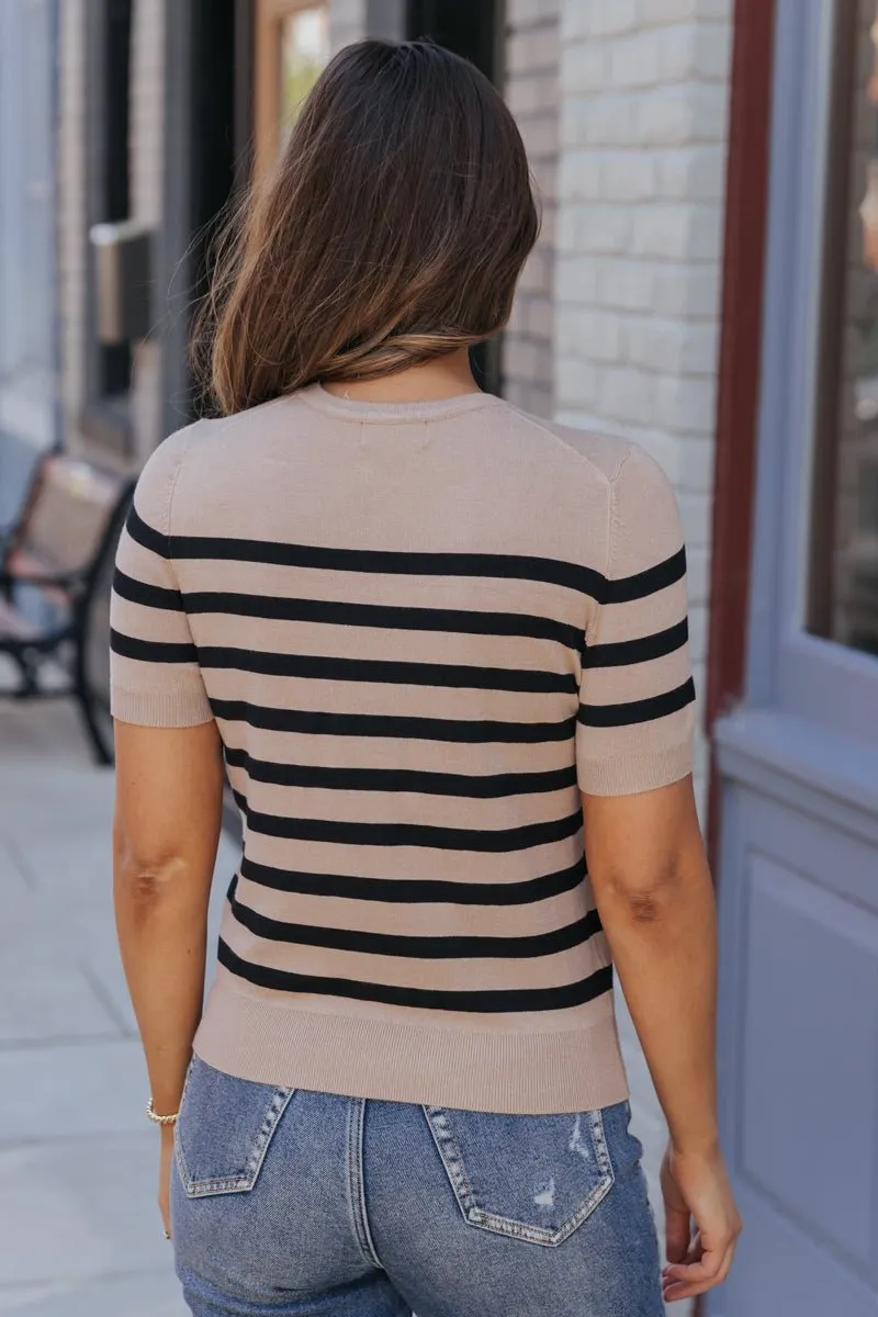 Tan Striped Short Sleeve Sweater