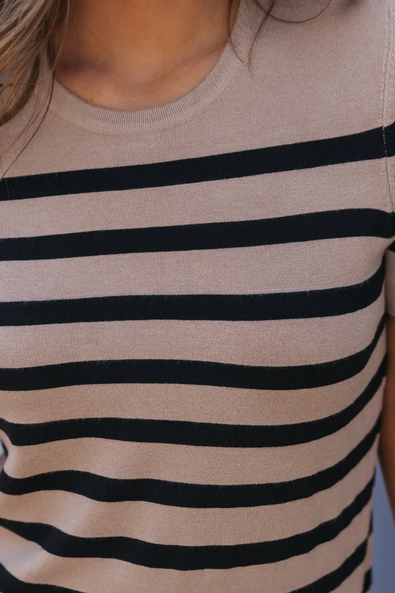 Tan Striped Short Sleeve Sweater