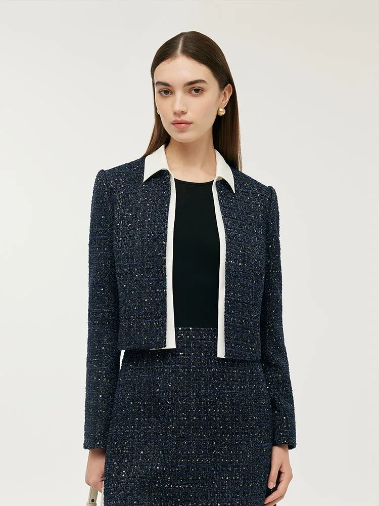 Tweed Women Crop Jacket With Detachable Lapel And Mini Dress Two-Piece Set