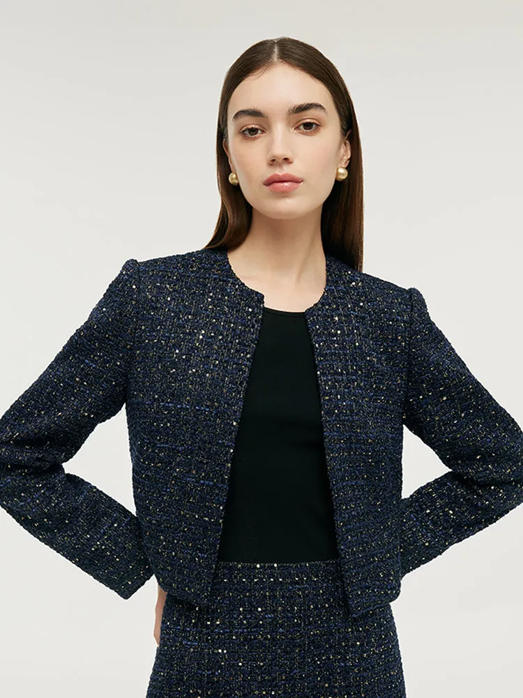 Tweed Women Crop Jacket With Detachable Lapel And Mini Dress Two-Piece Set