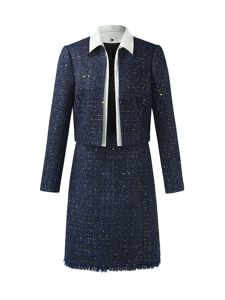 Tweed Women Crop Jacket With Detachable Lapel And Mini Dress Two-Piece Set