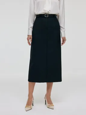 Worsted Wool Women Column Skirt With Leather Belt